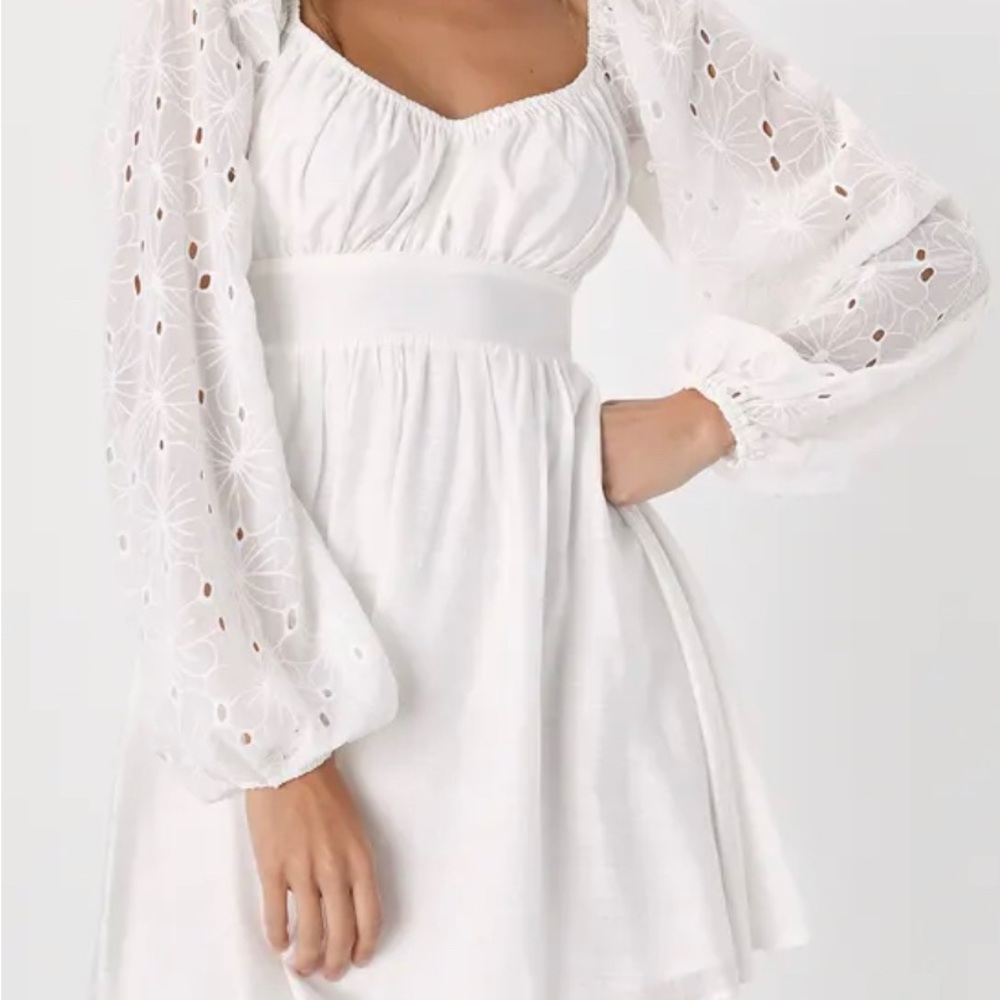 Simple Sweetheart White Eyelet Balloon Sleeve Mini Dress